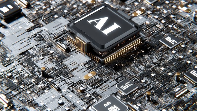 The image showcases a close-up view of a circuit board featuring a prominent AI microprocessor at its center. The intricate design highlights various chips and electrical connections, emphasizing the complexity of modern technology.
