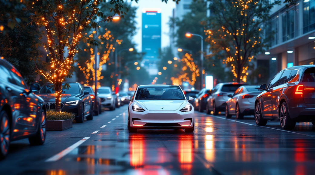 A sleek white electric car is driving down a vibrant city street adorned with festive lights. The atmosphere is illuminated by reflections from wet pavement and surrounding vehicles.