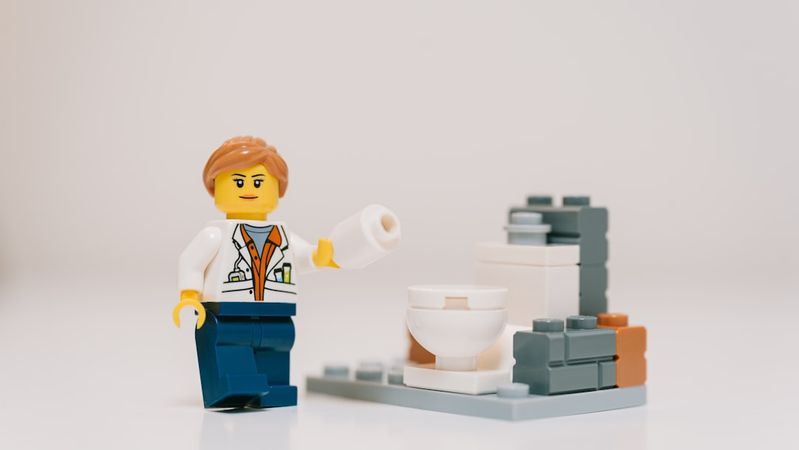 The image features a LEGO figure holding a roll of toilet paper next to a small model of a toilet. The figure appears to be engaging with the bathroom setting in a playful manner.