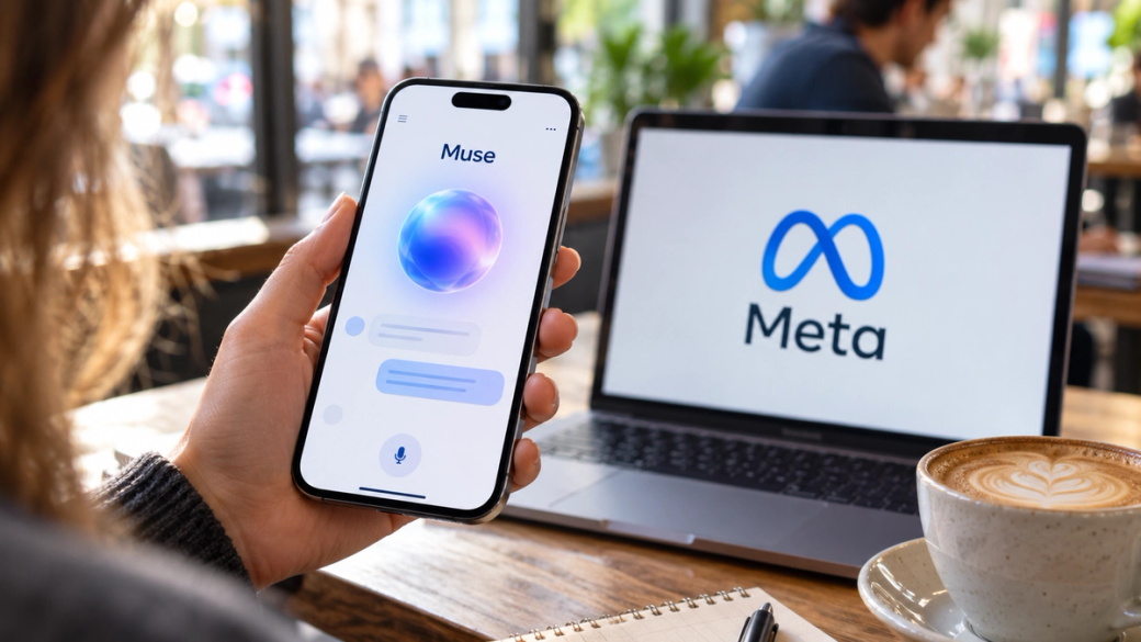 The image depicts a person holding a smartphone displaying an app interface labeled 'Muse' while seated at a table with a laptop and a cup of coffee. The laptop screen prominently features the logo of 'Meta,' indicating a connection to technology and digital communication.