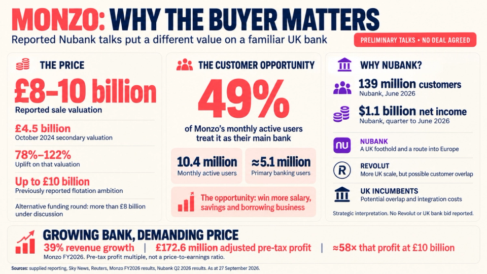 An infographic detailing the valuation and performance indicators of Monzo, a UK digital bank. The graphic highlights key statistics such as reported valuations, active customer engagement, and financial projections.