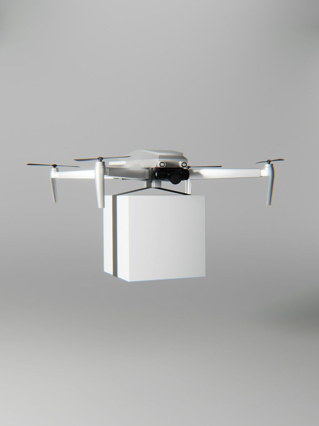 The image features a drone flying while carrying a white package beneath it. The drone appears to be in a neutral background, emphasizing its design and the package it is transporting. — Credit: Photo by Pebri Ramadhan Mas on Unsplash