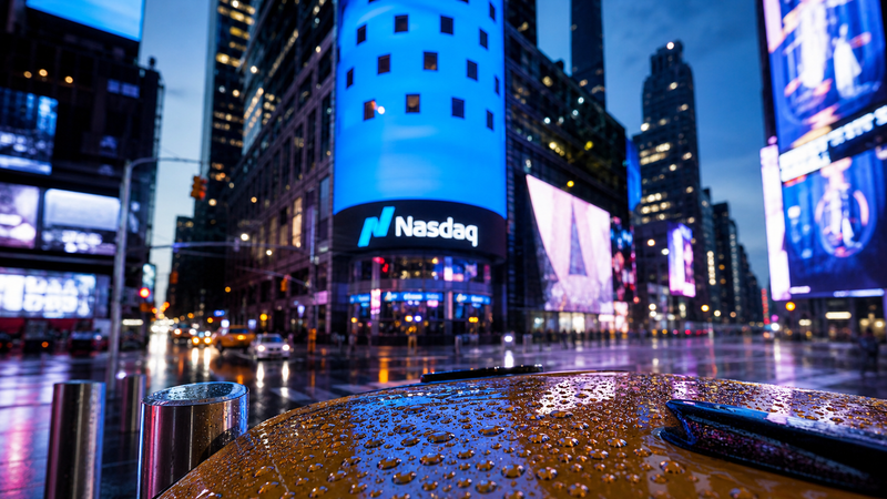A rainy evening in Times Square, New York City, showcasing a close-up view of a yellow taxi with raindrops on its roof. In the background, the illuminated Nasdaq building is prominently displayed amidst tall skyscrapers.