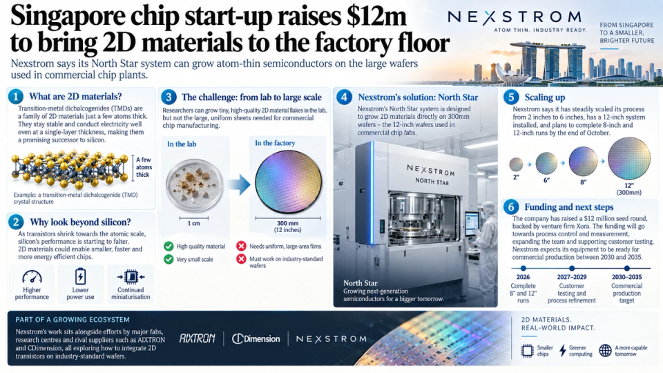 The image presents an infographic detailing the Singapore-based chip start-up Nexstrom, which has raised $12 million to advance its innovative technology in growing atom-thin semiconductors. Key points include the challenges from lab to large scale production and the advantages of their North Star system. — Credit: Generated with the help of AI