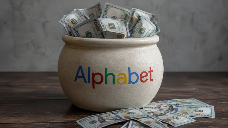 The image shows a large ceramic pot with the word 'Alphabet' printed in colorful letters. The pot is filled with bundles of U.S. dollar bills, some of which are spilled out onto the wooden surface below.