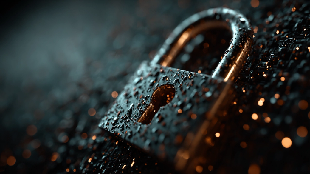 A close-up view of a metallic padlock covered in water droplets, set against a dark, textured background. The focus on the lock emphasizes themes of security and protection.