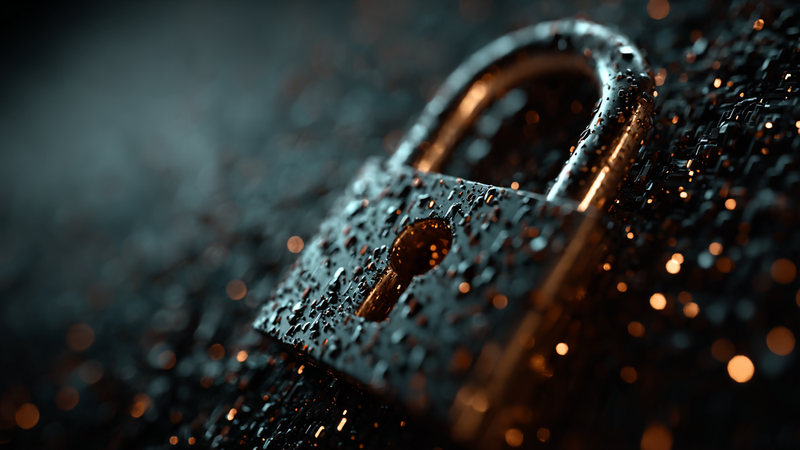 A close-up view of a metallic padlock covered in water droplets, set against a dark, textured background. The focus on the lock emphasizes themes of security and protection.