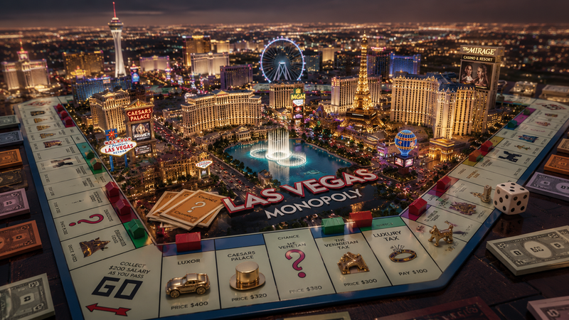 The image features a close-up view of a Monopoly game board themed around Las Vegas. The board showcases iconic Las Vegas landmarks alongside typical game elements like properties, money, and game pieces, set against a vibrant city skyline at night.