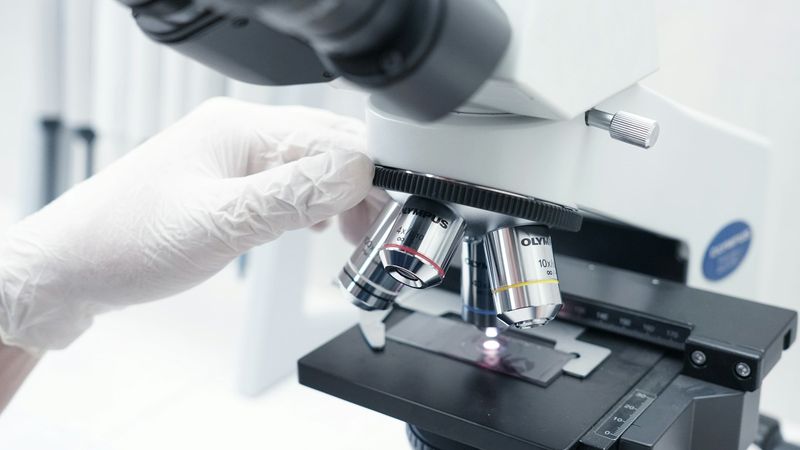 A close-up view of a laboratory microscope with a person's gloved hand adjusting the objective lenses. A glass slide is positioned on the stage, highlighting a scientific examination in progress.