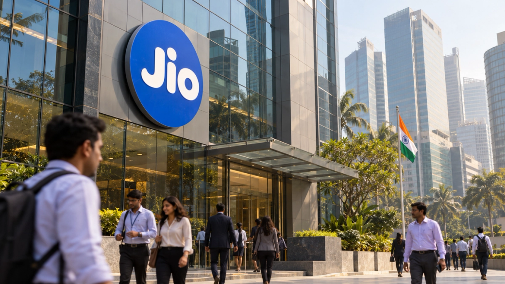 The image features the entrance of a modern office building with a large blue logo of 'Jio' displayed prominently. People are seen walking in and around the building, set against a backdrop of skyscrapers in Mumbai, India.