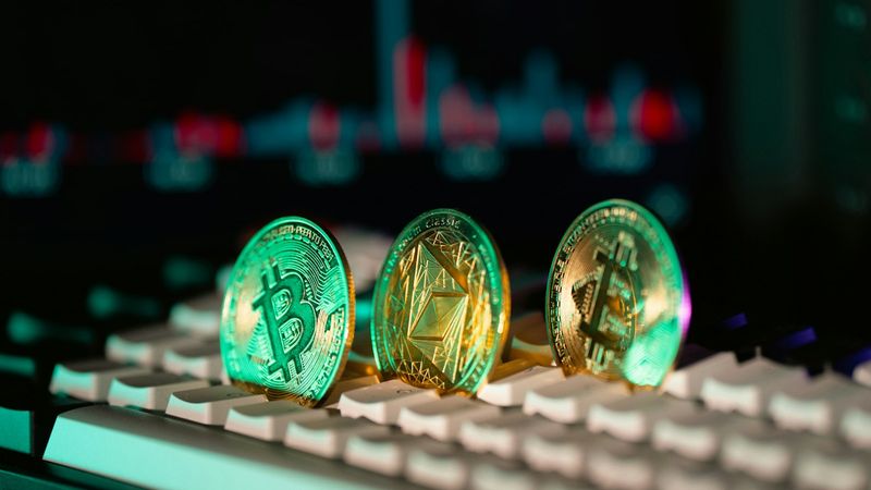 The image features three cryptocurrency coins arranged on a computer keyboard, highlighting Bitcoin, Ethereum, and a generalized cryptocurrency symbol. The background displays faint graphs or trading indicators related to cryptocurrency.