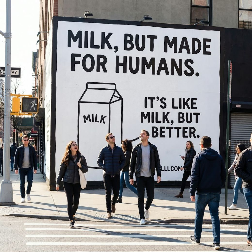 The image depicts a bustling city street with pedestrians walking past a large mural on a building. The mural promotes a milk alternative with bold text reading 'MILK, BUT MADE FOR HUMANS' and 'IT'S LIKE MILK, BUT BETTER'. — Credit: Photo by Eric Human on Unsplash