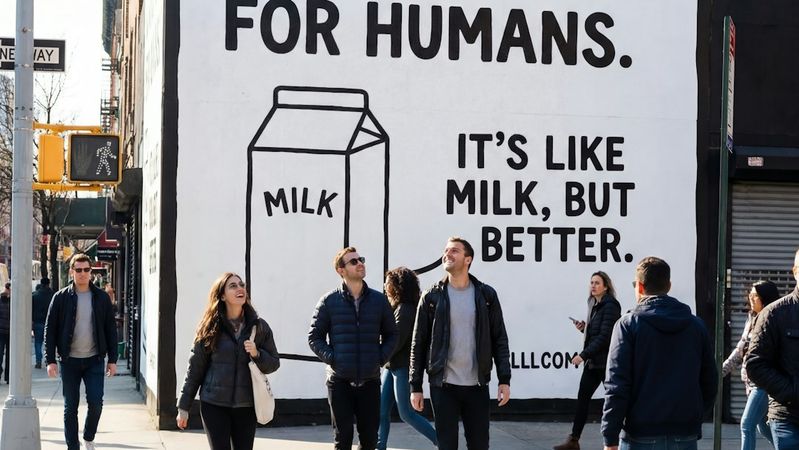 The image depicts a bustling city street with pedestrians walking past a large mural on a building. The mural promotes a milk alternative with bold text reading 'MILK, BUT MADE FOR HUMANS' and 'IT'S LIKE MILK, BUT BETTER'.