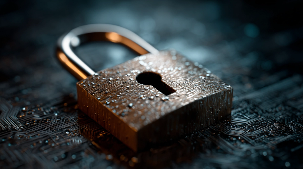 The image features a close-up of a metallic padlock resting on a textured circuit board surface. The padlock is glistening, suggesting it has droplets of water or moisture on its surface, indicating a sense of security and technology.