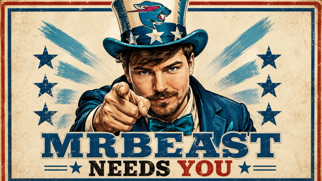 The image features a man wearing a top hat with stars and an Uncle Sam-inspired outfit, pointing directly at the viewer. The text 'MRBEAST NEEDS YOU' is prominently displayed, evoking a call to action.