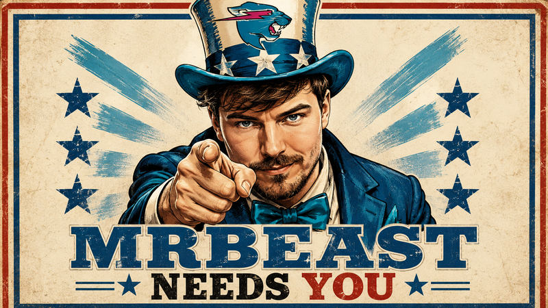 The image features a man wearing a top hat with stars and an Uncle Sam-inspired outfit, pointing directly at the viewer. The text 'MRBEAST NEEDS YOU' is prominently displayed, evoking a call to action.
