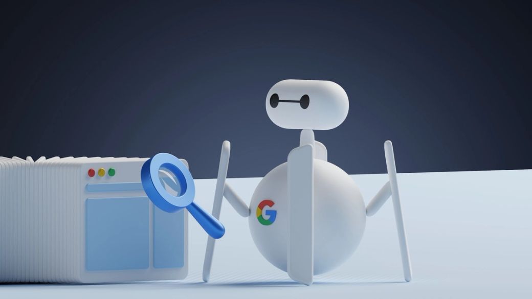The image features a stylized, cartoonish robot resembling a spider, positioned next to a stack of documents and a computer window. The robot has the Google logo on its body, indicating a connection to online searching and digital technology. — Credit: Photo by Growtika / Unsplash
