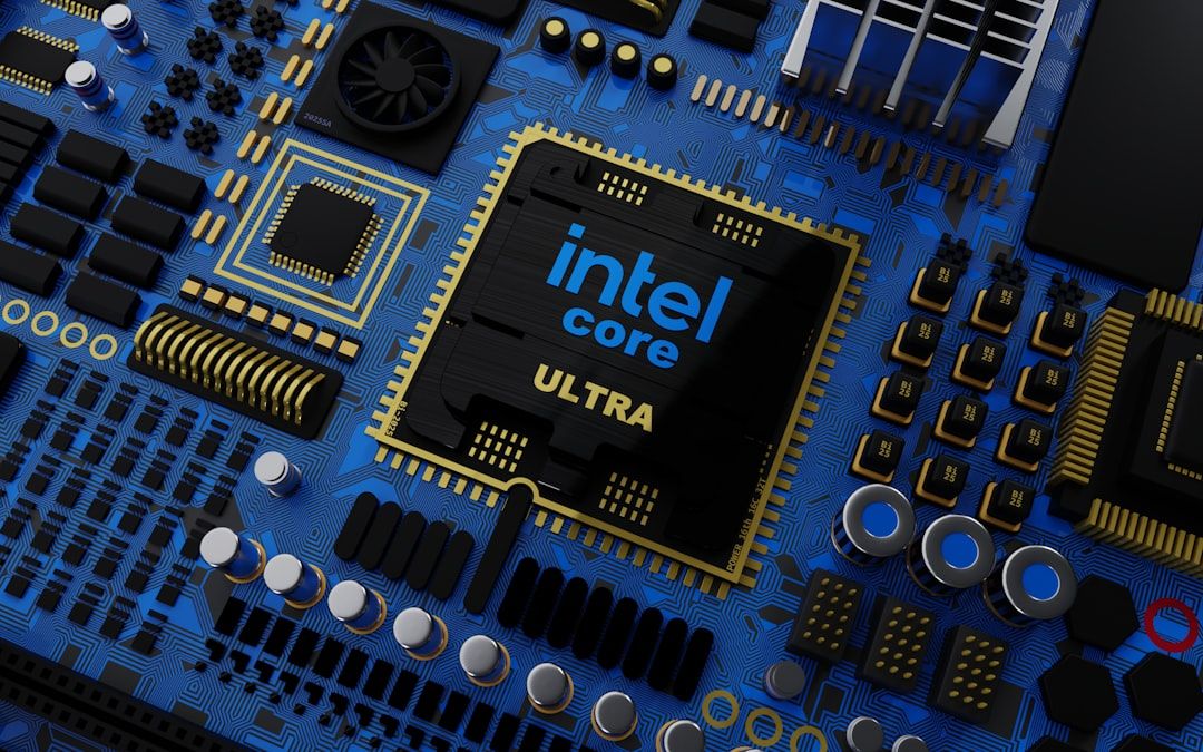 The image showcases a close-up view of a computer motherboard prominently featuring an Intel Core Ultra processor. The vibrant blue circuitry is detailed with various electronic components and pathways that highlight modern technological design.