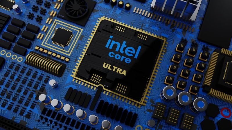 The image showcases a close-up view of a computer motherboard prominently featuring an Intel Core Ultra processor. The vibrant blue circuitry is detailed with various electronic components and pathways that highlight modern technological design.