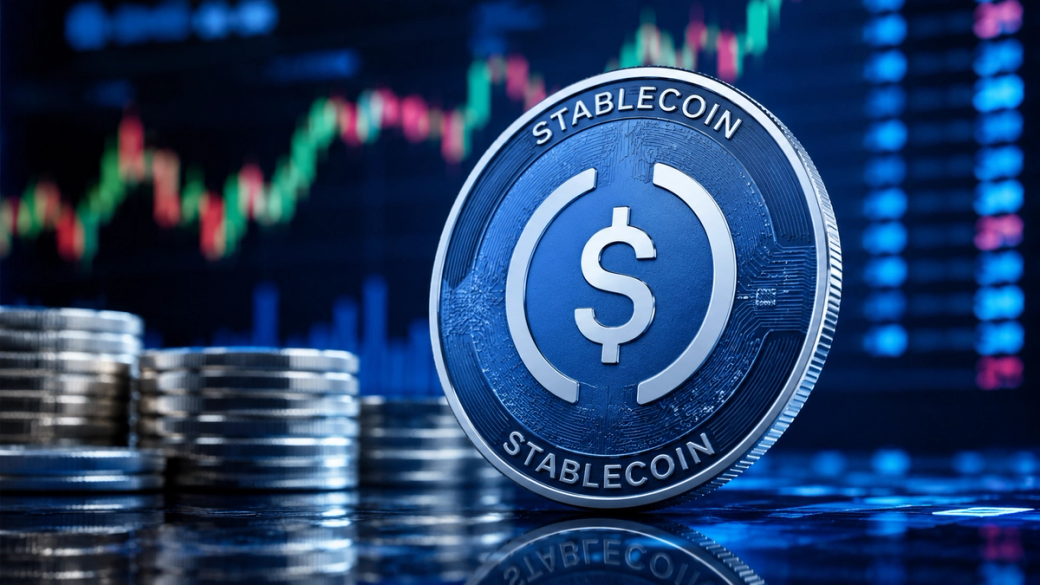 The image features a coin labeled 'Stablecoin' prominently displayed in the foreground, alongside stacks of coins, with a blurred financial graph in the background showing trading activity. The overall composition highlights the concept of digital currency in a financial context.