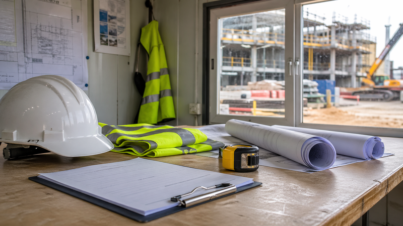 The image shows a construction site viewed from inside a work trailer. On the desk, there are plans, a measuring tape, a clipboard with documents, a hard hat, and a reflective safety vest, indicating preparation and planning for the ongoing construction work outside.