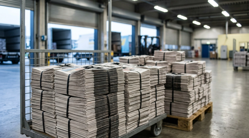 The image depicts neatly stacked bundles of newspapers organized on a rolling cage in a clean distribution depot. The focus is on the cut edges and folded spines of the newspapers, illuminated by early-morning light mixed with warehouse illumination, while the background blurs softly, presenting a calm operational environment.