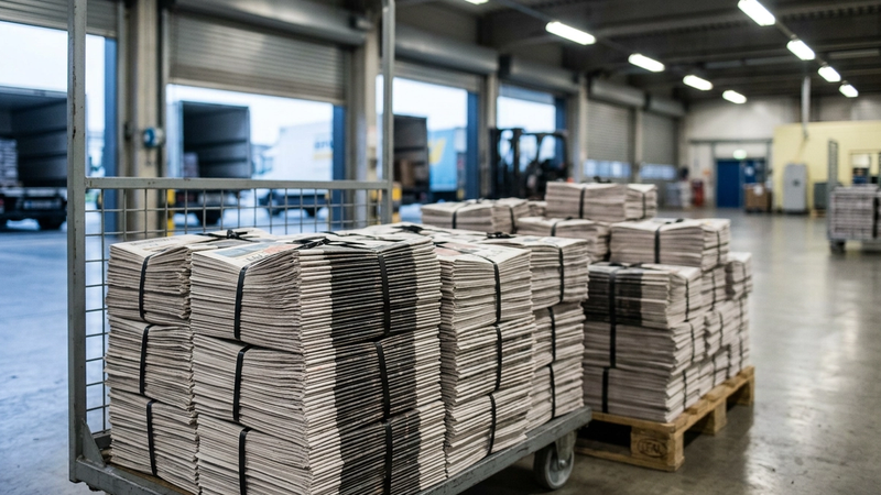 The image depicts neatly stacked bundles of newspapers organized on a rolling cage in a clean distribution depot. The focus is on the cut edges and folded spines of the newspapers, illuminated by early-morning light mixed with warehouse illumination, while the background blurs softly, presenting a calm operational environment.