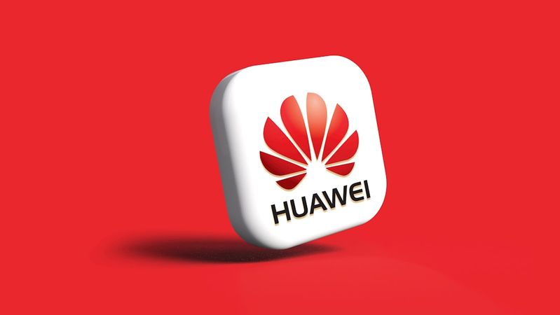 The image features a 3D rendition of the Huawei logo set against a striking red background. The logo is prominently displayed, highlighting the brand's iconic design.