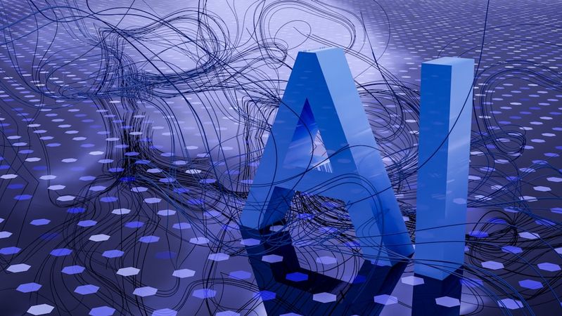 The image features a large, stylized representation of the letters 'AI' amidst a digital landscape. Blue swirling lines and hexagonal patterns create a futuristic backdrop, evoking themes of artificial intelligence and technology.