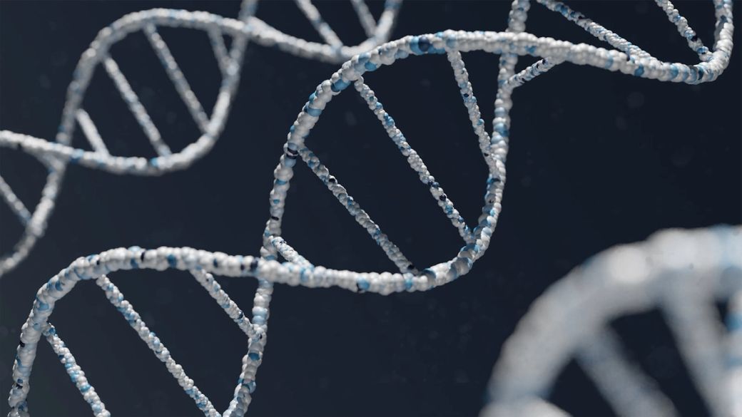 The image features a close-up view of a DNA double helix, showcasing its intricate structure with strands made of various colored particles. The backdrop is dark, highlighting the clarity and detail of the DNA's molecular composition. — Credit: Photo by Warren Umoh / Unsplash