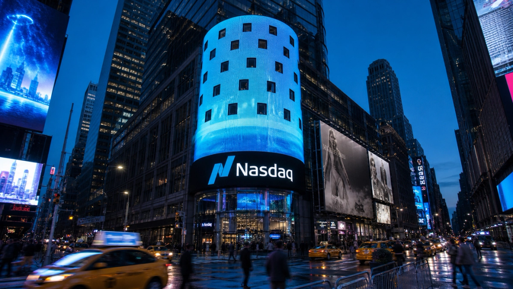 The image showcases the Nasdaq building located in Times Square, New York City, illuminated with vibrant digital displays against a twilight sky. The scene is bustling with traffic, particularly yellow taxis, adding to the dynamic urban atmosphere.