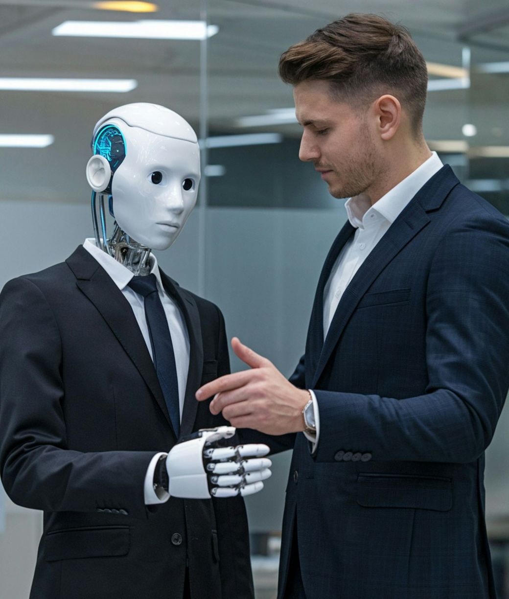 A businessman dressed in formal attire interacts with a humanoid robot in an office setting. The robot is designed with a sleek, modern appearance, featuring a facial display and robotic hands. — Credit: Photo by Brey on Unsplash