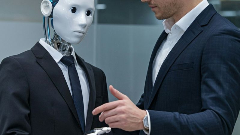 A businessman dressed in formal attire interacts with a humanoid robot in an office setting. The robot is designed with a sleek, modern appearance, featuring a facial display and robotic hands.