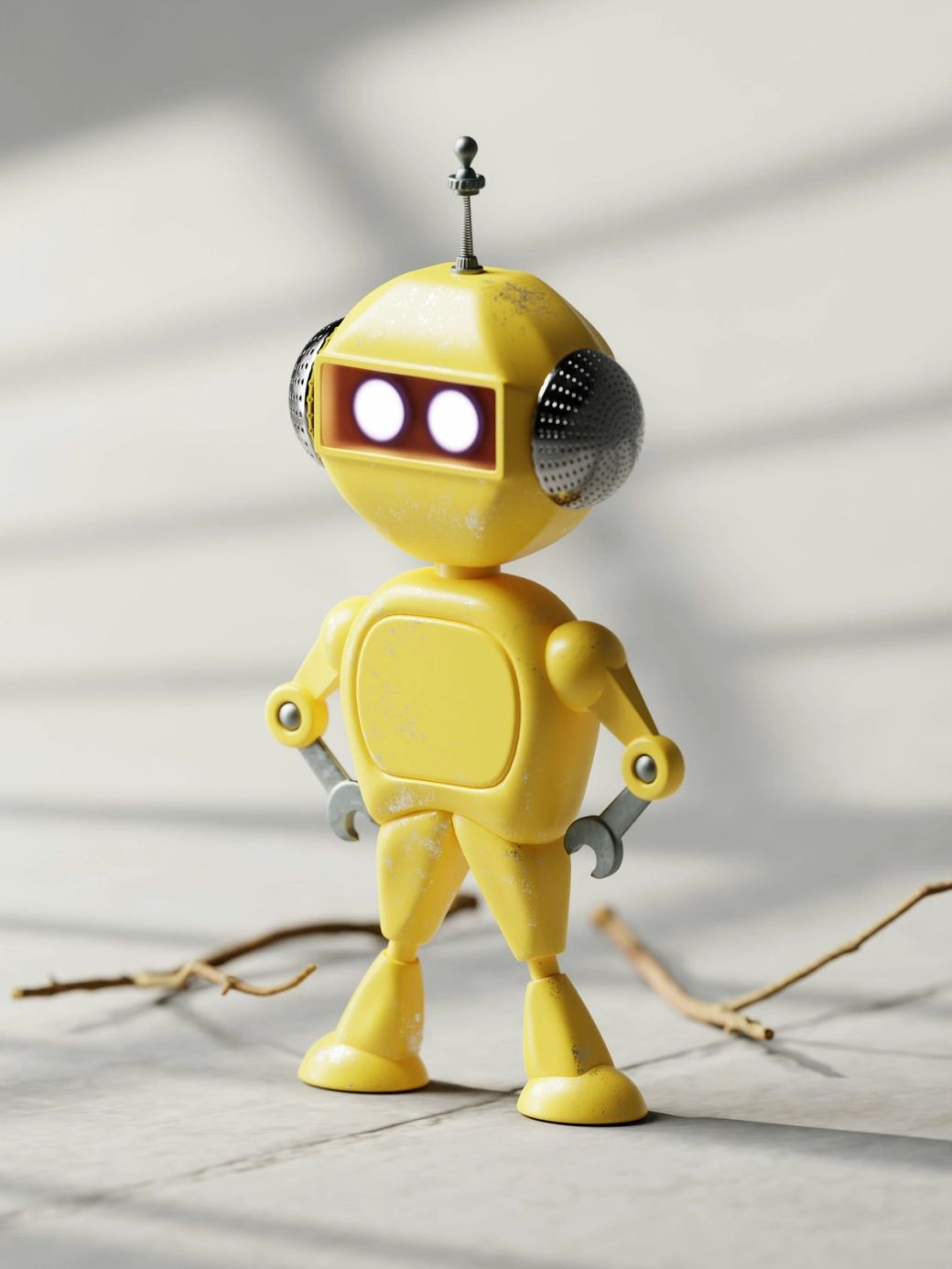 The image features a vintage-style yellow robot with round eyes and metallic ears, positioned against a softly lit background. The robotic design evokes a sense of nostalgia and whimsy. — Credit: Photo by Blend Archive / Unsplash
