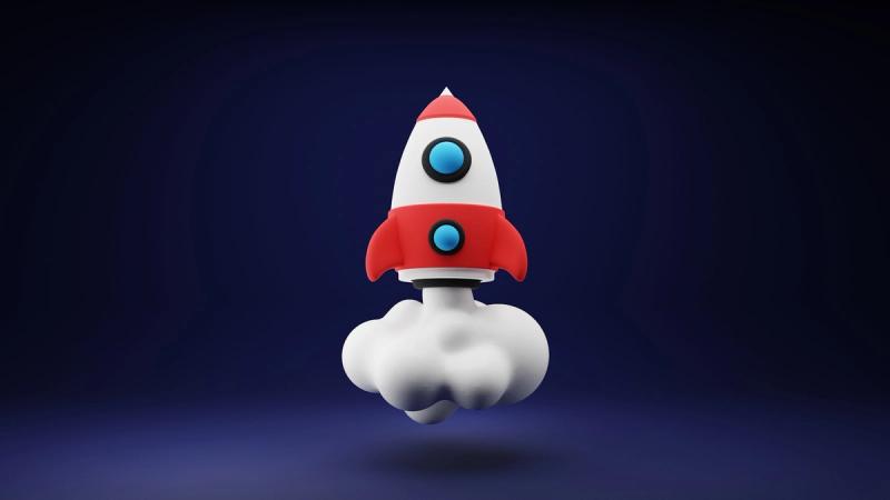 A stylized cartoon rocket is depicted, launching from a cloud of smoke. The rocket features a red and white color scheme with blue buttons, set against a dark blue background.
