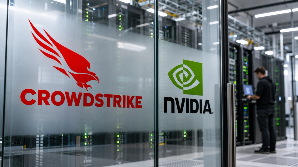 The image shows a data center environment featuring server racks and a figure operating a computer. Visible logos on the glass foreground indicate the presence of technology brands CrowdStrike and NVIDIA, highlighting a focus on cybersecurity and AI infrastructure.