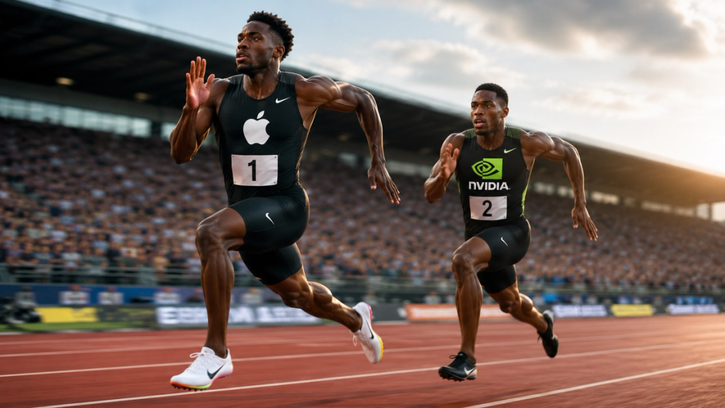 The image depicts two male sprinters racing on a track during a competition. One athlete is wearing an outfit branded with the Apple logo, while the other features the Nvidia logo on his attire. The scene captures a tense and dynamic moment in the sport, with an enthusiastic crowd in the background cheering for the competitors.