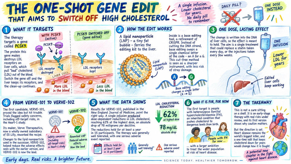 This image presents an informative graphic about a one-shot gene editing therapy aimed at reducing high cholesterol levels. It outlines the therapy's targets, methods, effects, and data findings in a clear and engaging format. — Credit: Generated with the help of AI