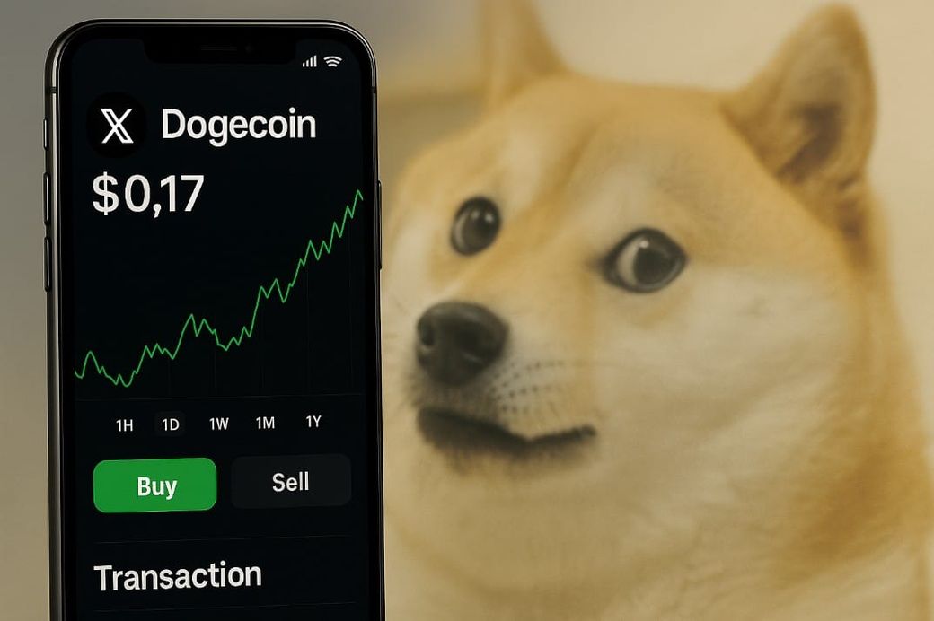 Image created with AI - a mock up of a Dogecoin trading screen with the X branding, with a Shiba Inu dog in the background