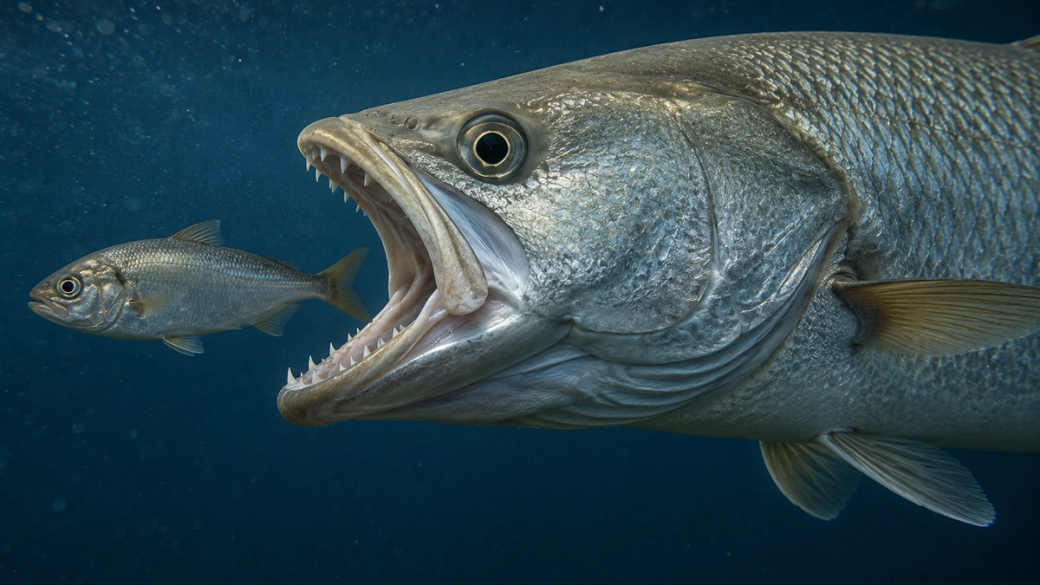 The image depicts a large fish with a gaping mouth in sharp focus, while a smaller fish swims nearby. The underwater scene highlights the contrast between the two fish, potentially symbolizing the dynamics of acquisition or takeover in a natural context.