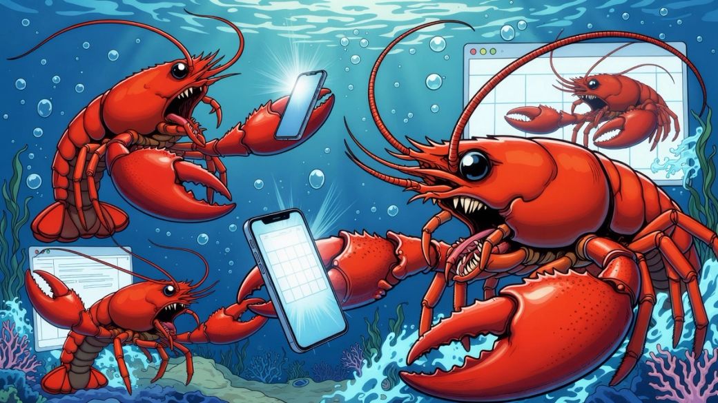 The image depicts animated lobsters in an underwater environment, engaged with digital devices like smartphones and computer screens. This whimsical scene combines marine life with elements of technology, suggesting a humorous take on 'Open Claw' where the lobsters interact with the digital realm.