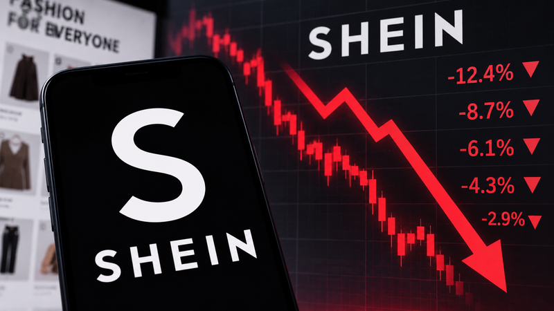 The image features a smartphone displaying the logo of Shein alongside a graph showing a downward trend in stock performance. The background includes a bulletin board with various fashion items, indicating the company's focus on fashion retail. The negative percentages reflect a decline in shares, emphasizing the financial struggles the brand may be facing.