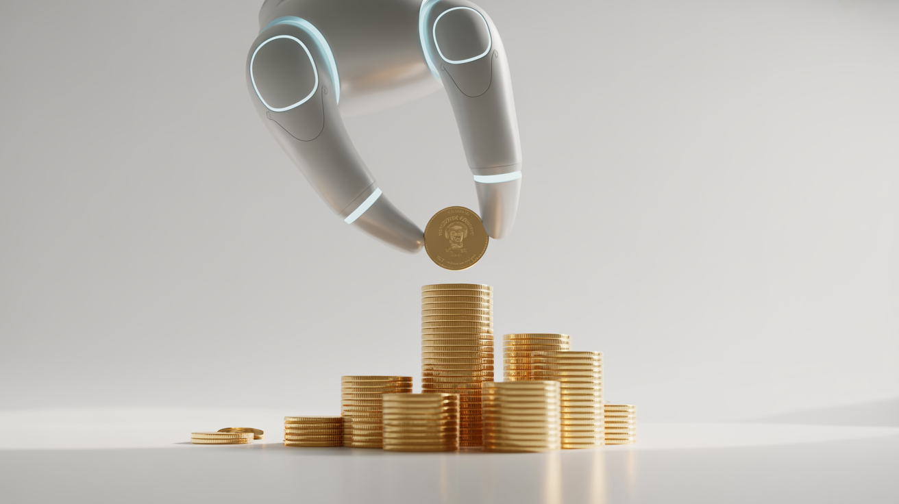 The image features a futuristic robotic hand placing a coin on top of a stack of gold coins, symbolizing advancements in technology and finance. The sleek design of the robotic hand contrasts with the shiny coins, creating a visually striking scene.