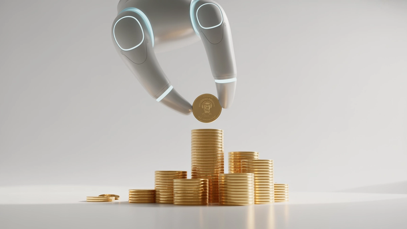 The image features a futuristic robotic hand placing a coin on top of a stack of gold coins, symbolizing advancements in technology and finance. The sleek design of the robotic hand contrasts with the shiny coins, creating a visually striking scene.