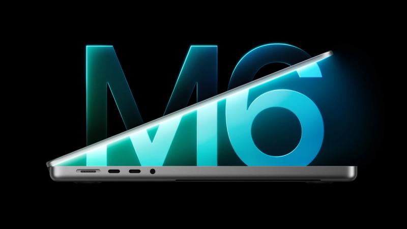 The image features a sleek side view of a laptop, showcasing its thin design and ports. Behind the laptop is a stylized, glowing representation of 'M6', likely referring to the processor integrated into the device, symbolizing advanced performance in technology.