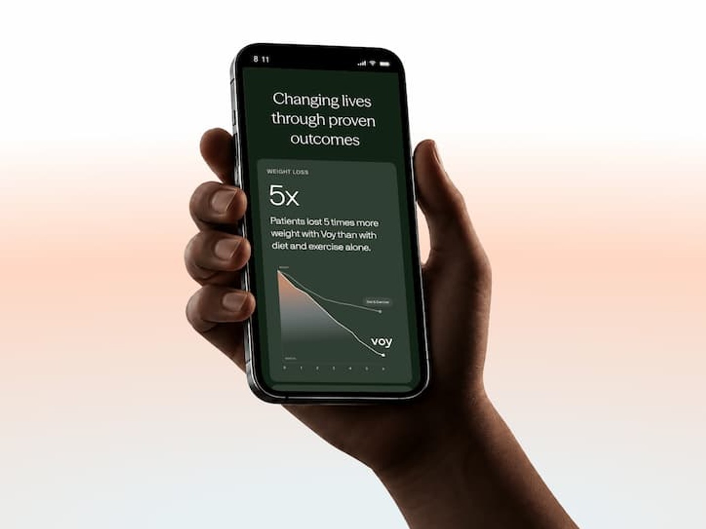 A person holding phone with Voy weight loss chart