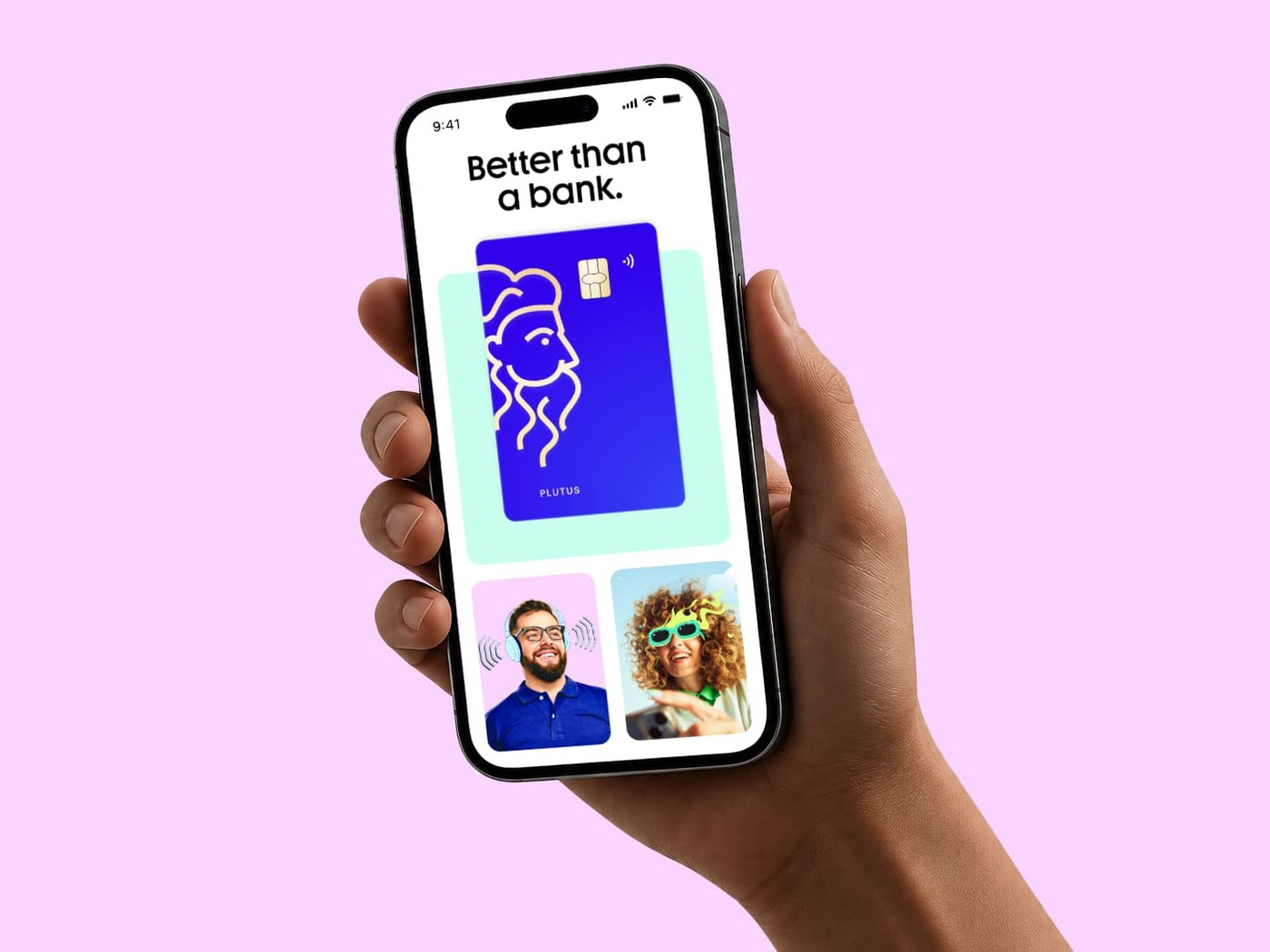 A person holding a phone showing the Plutus website