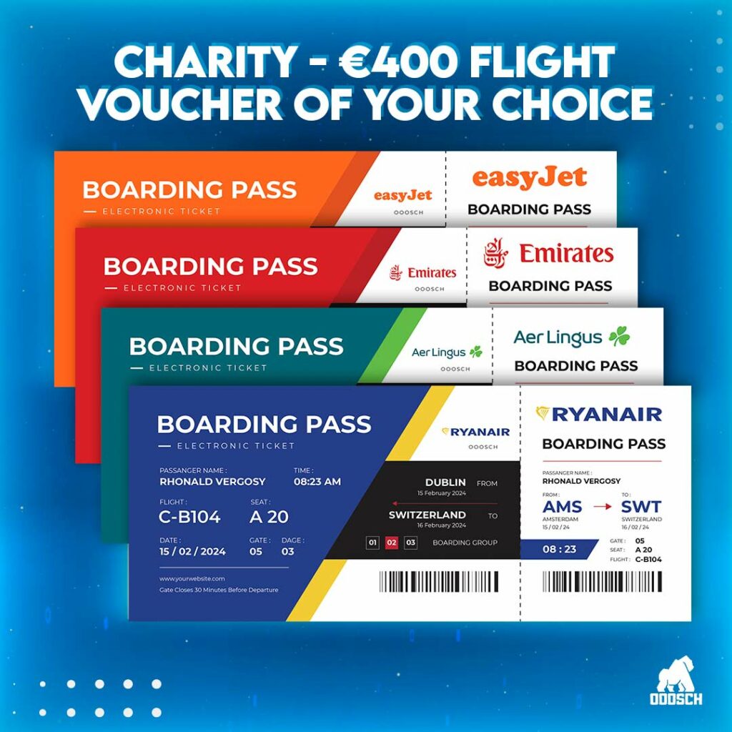 Winner: Conor Cleary –  Charity - €400 Flight Voucher of Your Choice – Ticket: A34