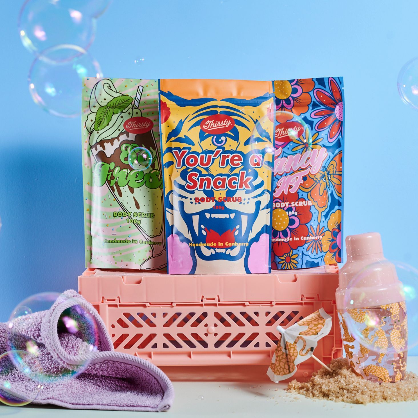Selection of self care gifts, body scrubs from Thirsty at POP Local
