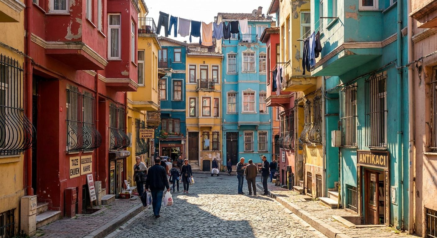 [AI-GENERATED] Synthetic image of a colourful sloping street with pedestrians, produced for comparison and not a photograph